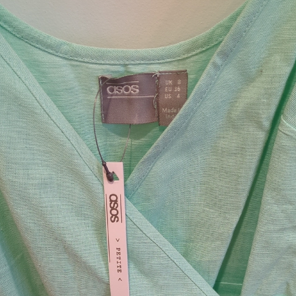 Beach Boho Coastal Cowgirl NWT ASOS Mint Green Wrap Mini Dress Cotton Linen US 4 - Picture 3 of 9